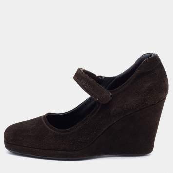 Pre Owned Prada Sport Dark Brown Suede Mary Jane Wedge Pumps Size 39.5