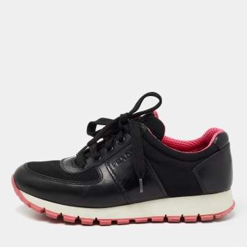 Pre Owned Prada Sport Black Leather and Canvas Low Top Sneakers Size 36