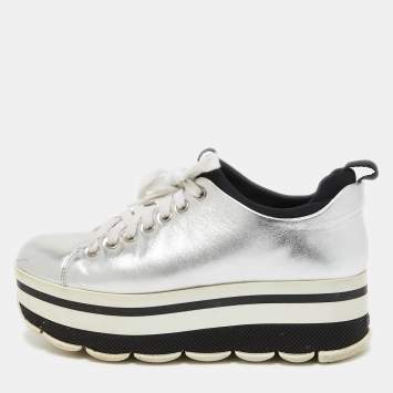 Pre Owned Prada Sport Silver Leather Platform Sneakers Size 36