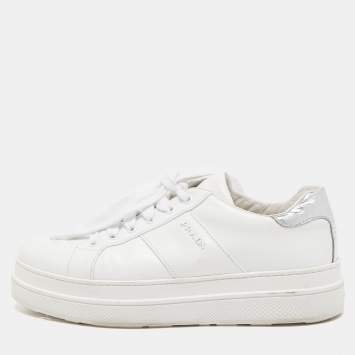 Pre Owned Prada Sport White/Silver Leather Low Top Sneakers Size 38.5