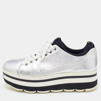 Pre Owned Prada Sport Silver Leather Lace Up Platform Sneakers Size 38.5