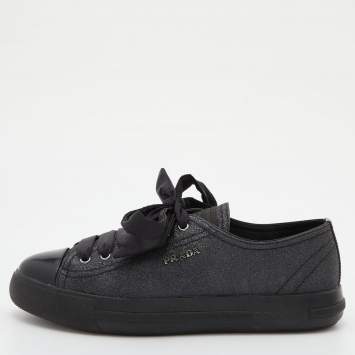 Pre Owned Prada Sport Black Glitter and Leather Logo Low Top Sneakers Size 38