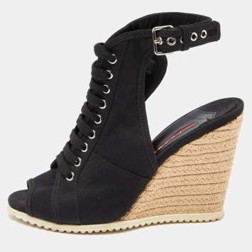 Pre Owned Prada Sport Black Canvas Espadrille Wedge Slingback Sandals Size 38.5
