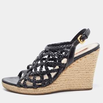 Pre Owned Prada Sport Black Braided Leather Espadrille Wedge Sandals Size 38