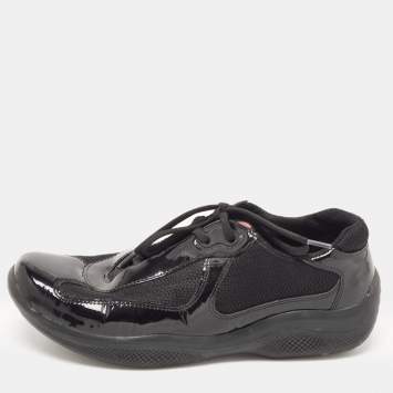 Pre Owned Prada Sport Black Mesh And Patent Leather Carrie Lace Up Sneakers Size 37.5