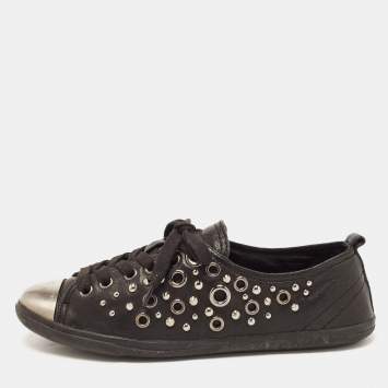 Pre Owned Prada Sport Black Leather Studded Low Top Sneakers Size 37