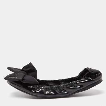 Pre Owned Prada Sport Black Patent Leather Bow Scrunch Ballet Flats Size 40