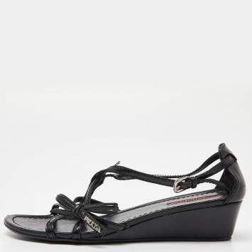 Pre Owned Prada Sport Black Patent Leather Strappy Bow Slingback Wedge Sandals Size 37