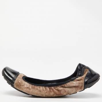 Pre Owned Prada Sport Black/Brown Patent Leather and Velvet Toe Cap Scrunch Ballet Flats Size 40.5 
