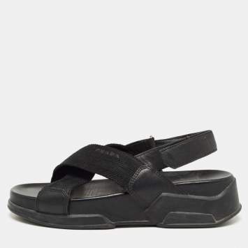 Pre Owned Prada Sport Black Fabric and Leather Cross Strap Slingback Sandals Size 37