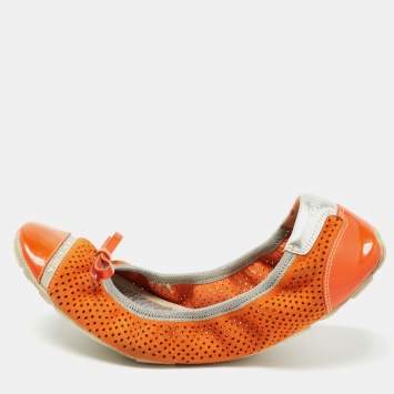 Pre Owned Prada Sport Orange Perforated Suede and Patent Bow Scrunch Ballet Flats Size 37