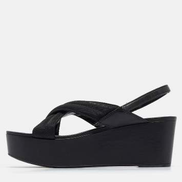 Pre Owned Prada Sport Black Leather and Canvas Strap Wedge Sandals Size 40