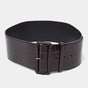 Pre Owned Prada Dark Brown Croc Embossed Leather Buckle Wide Belt 80CM