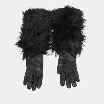 Pre Owned Prada Black Faux Fur and Genuine Leather Gloves 