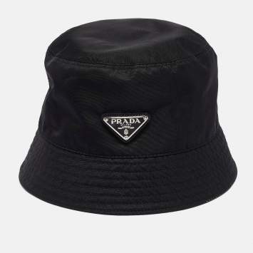 Pre Owned Prada Black Re-Nylon Metal Triangle Logo Bucket Hat 