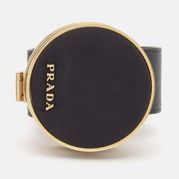 Pre Owned Prada Saffiano Leather Fabric Gold Tone Vanity Bracelet