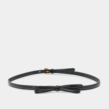 Pre Owned Prada Black Patent Leather Bow Skinny Waist Belt 75CM