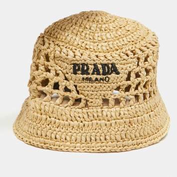 Pre Owned Prada Beige Logo Raffia Bucket Hat S