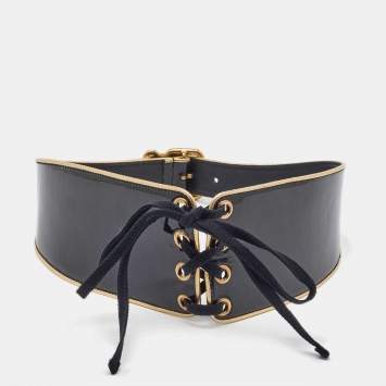 Pre Owned Prada Black Patent Leather Corset Waist Belt 80CM