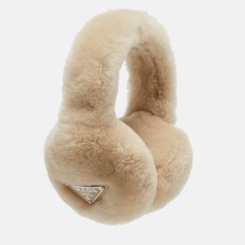 Pre Owned Prada Cream Shearling Triangle Logo Plaque Earmuffs