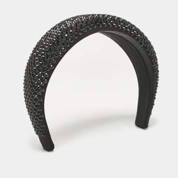 Prada Black Crystals Embellished Satin Headband 