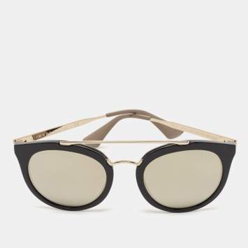 Pre Owned Prada Black/Gold Mirrored SPR23S Round Sunglasses