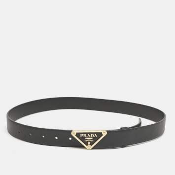 Pre Owned Prada Black Saffiano Leather Triangle Buckle Belt 90 CM