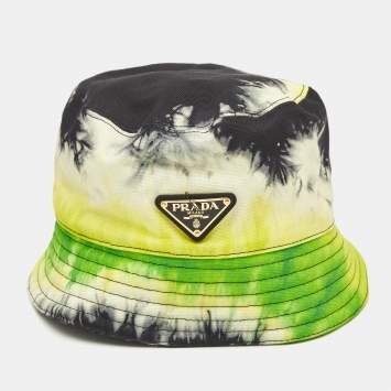 Prada Yellow/Black Tie-Dye Cotton Logo Plaque Bucket Hat M