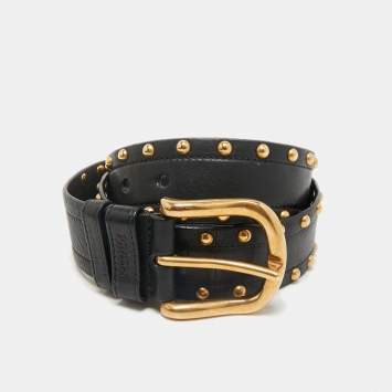 Prada Black Studded Leather Studded Buckle Belt 85CM