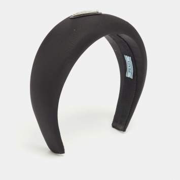 Prada Black Satin Triangle Logo Wide Headband 