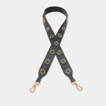 Prada Black Leather Floral Crystals Embellished Shoulder Bag Strap