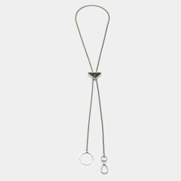 Pre Owned Prada Triangle Logo Enamel Silver Tone Keychain Necklace
