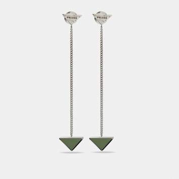 Pre Owned Prada Triangle Enamel Sterling Silver Chain Drop Earrings