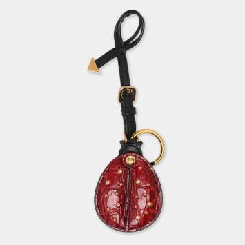 Pre Owned Prada Red/Black Leather and Croc Embossed Ladybug Mirror Bag Charm