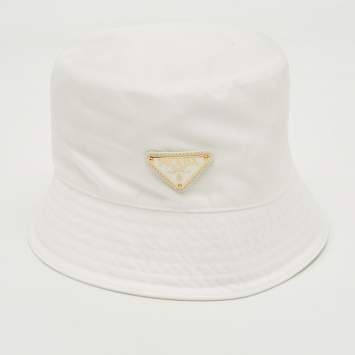 Pre Owned Prada White Re-Nylon Logo Plaque Detail Bucket Hat M