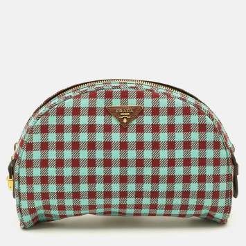 مملوكة مسبقًا Prada Green/Red Gingham Check Jacquard Vichy Fabric Cosmetic Pouch