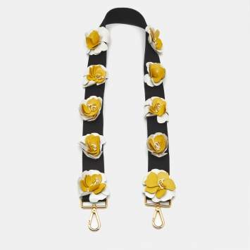 Pre Owned Prada Floral Applique Bag Shoulder Strap Black Canvas and Leather