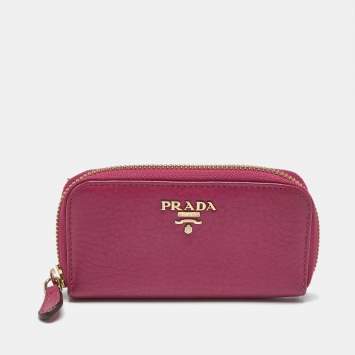 Pre Owned Prada Key Holder Fuchsia Vitello Daino Leather Zip Pouch