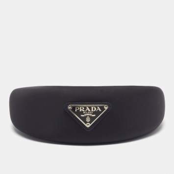 Pre Owned Prada Re-Nylon Triangle Logo Black Wide Headband 