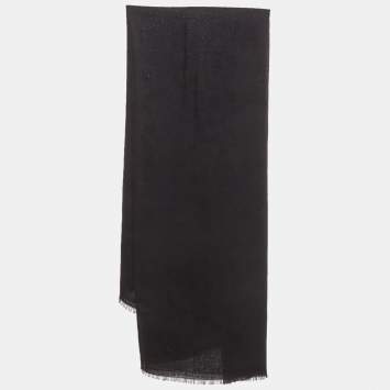 Pre Owned Prada Black Logo Geometric Jacquard Knit Wool and Silk Fringe Scarf 