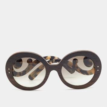 Pre Owned Prada Tortoise Brown Gradient SPR 27R Wooden Baroque Round Sunglasses 