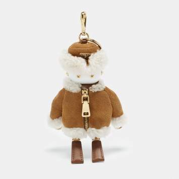 Pre Owned Prada Soft Robot Bag Charm Brown/White Suede and Shearling Fur