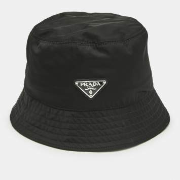 Pre Owned Prada Re-Nylon Black Triangle Logo Plaque Bucket Hat XL