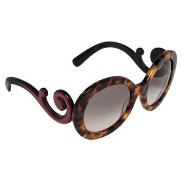 Pre Owned Prada Blonde Havana & Red/ Grey Gradient SPR 08T Minimal Baroque Round Sunglasses