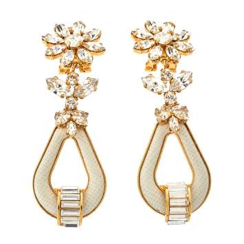 Pre Owned Prada Crystal & Leather Drop Clip On Earrings 