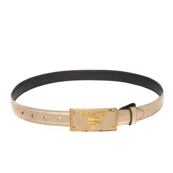 Pre Owned Prada Metallic Gold Saffiano Leather Logo Buckle Belt 85CM
