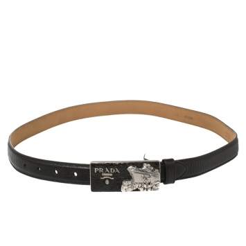 Pre Owned Prada Black Pebbled Leather Cruise Ship Buckle Belt 85CM