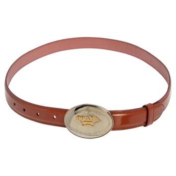 Pre Owned Prada Brown Patent Leather Logo Plaque Buckle Belt 85 CM