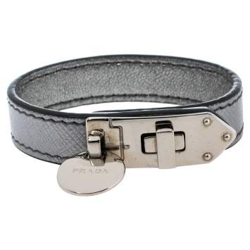 Pre Owned Prada Silver Saffiano Leather Turn Lock Bracelet S