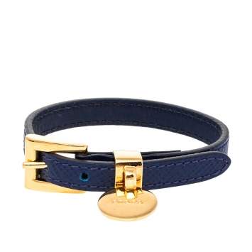 Pre Owned Prada Blue Saffiano Leather Gold Tone Logo Charm Bracelet